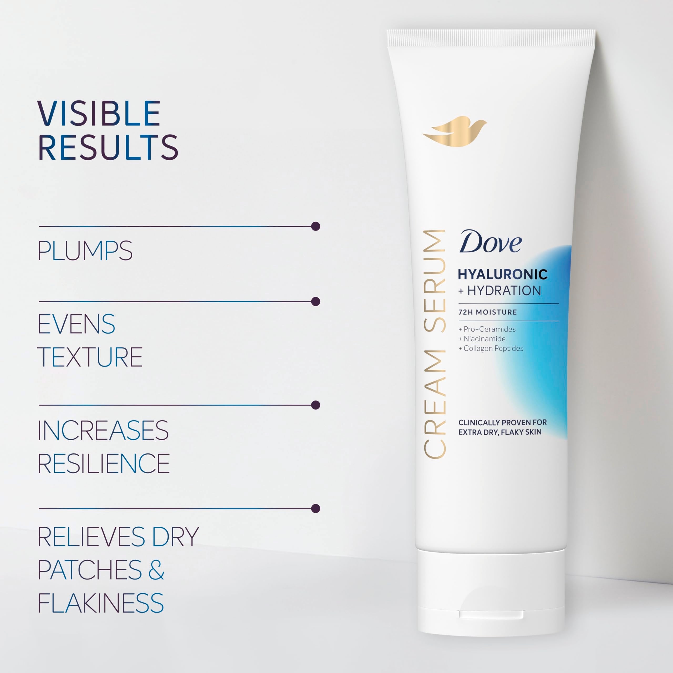 Dove Cream Serum ingredient close-up highlights hyaluronic acid benefits.