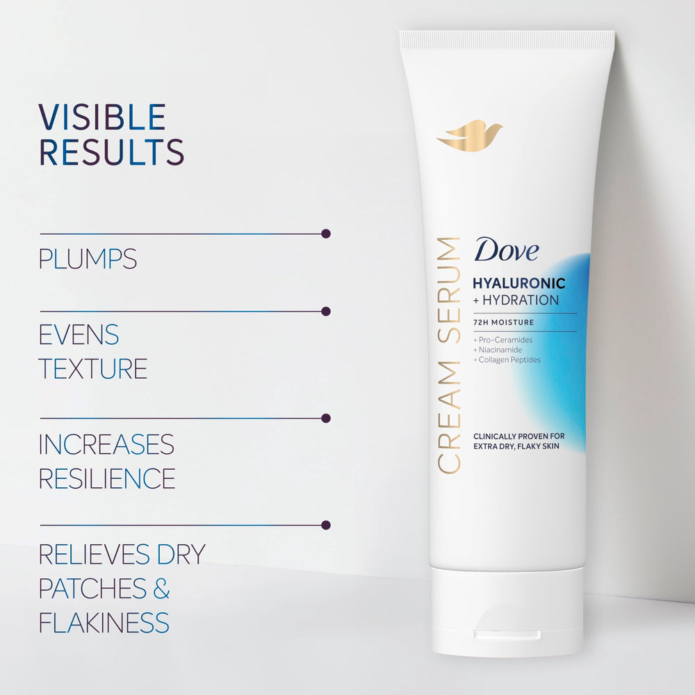 Dove Cream Serum ingredient close-up highlights hyaluronic acid benefits.
