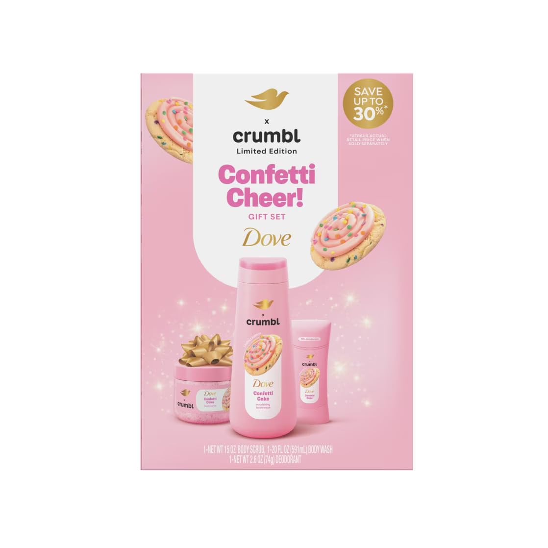 Dove Crumbl Confetti Cake body wash front with playful packaging for a refreshing shower