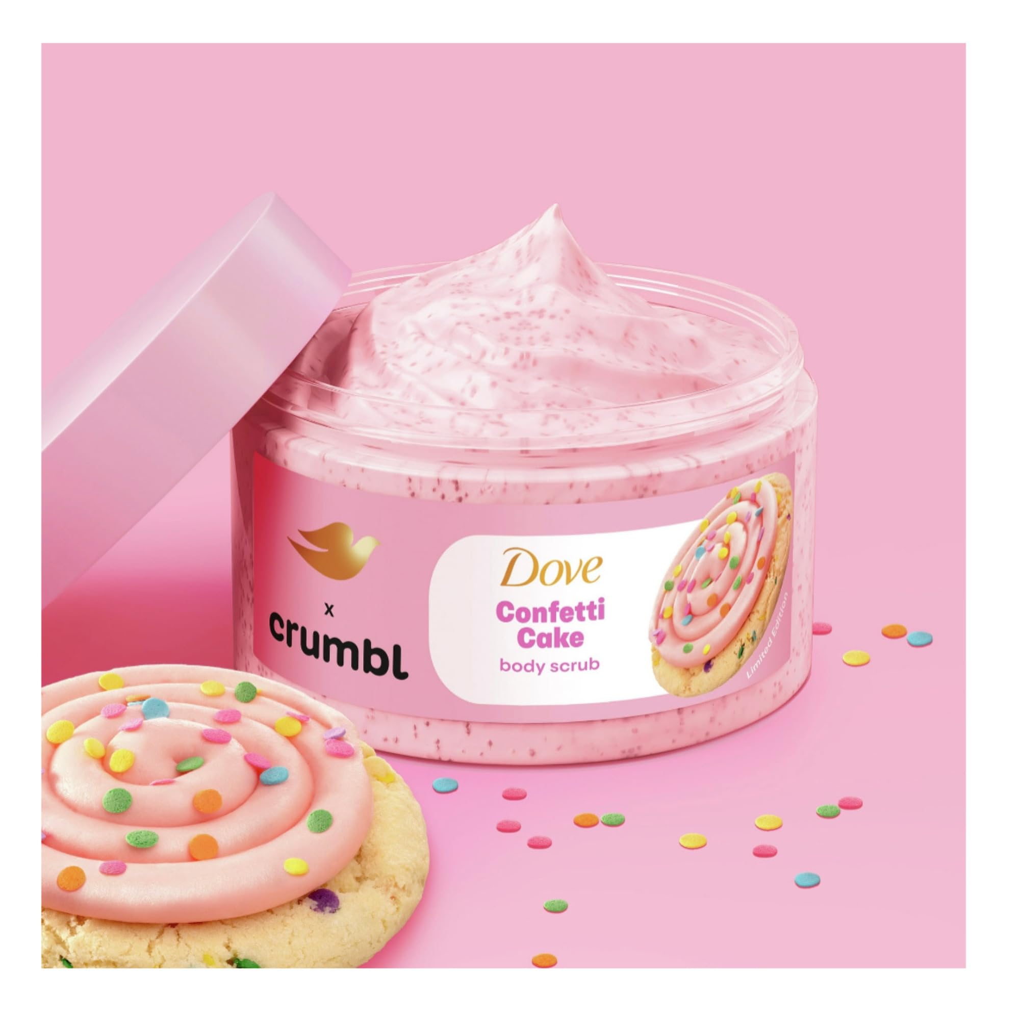 Dove Crumbl Confetti Cake bottle detailed label emphasizing plant-based moisturizers.
