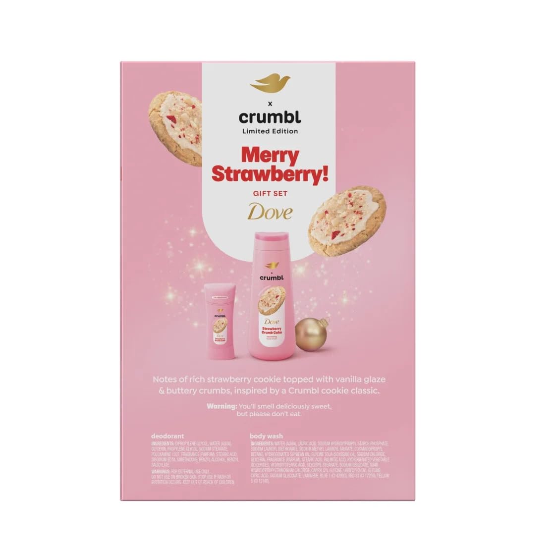 Dove Crumbl Strawberry Crumb Cake body wash bottle for soft skin and sweet scent.
