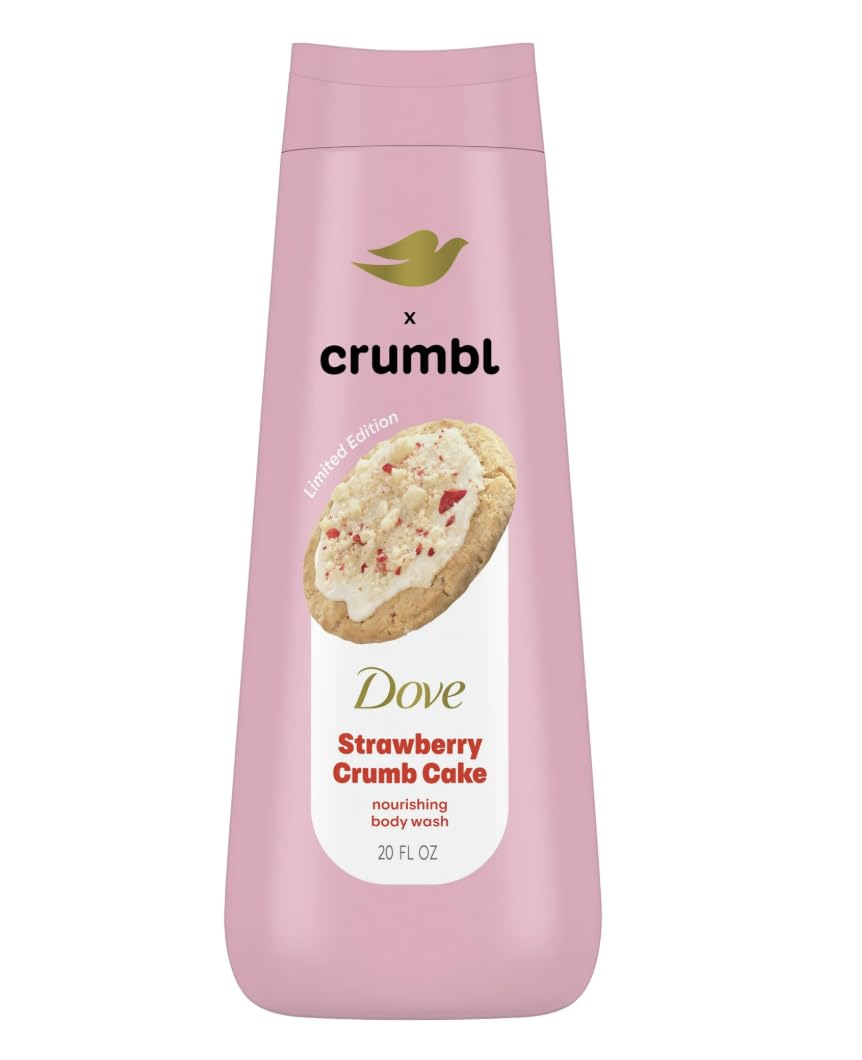 Dove Crumbl bottle featuring strawberry crumb cake scent for refreshing shower hydration