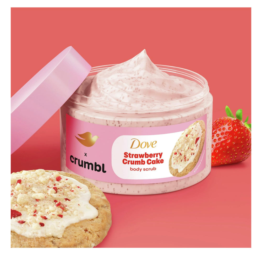 Dove Crumbl Strawberry Scrub texture close-up illustrating micro-exfoliating particles.