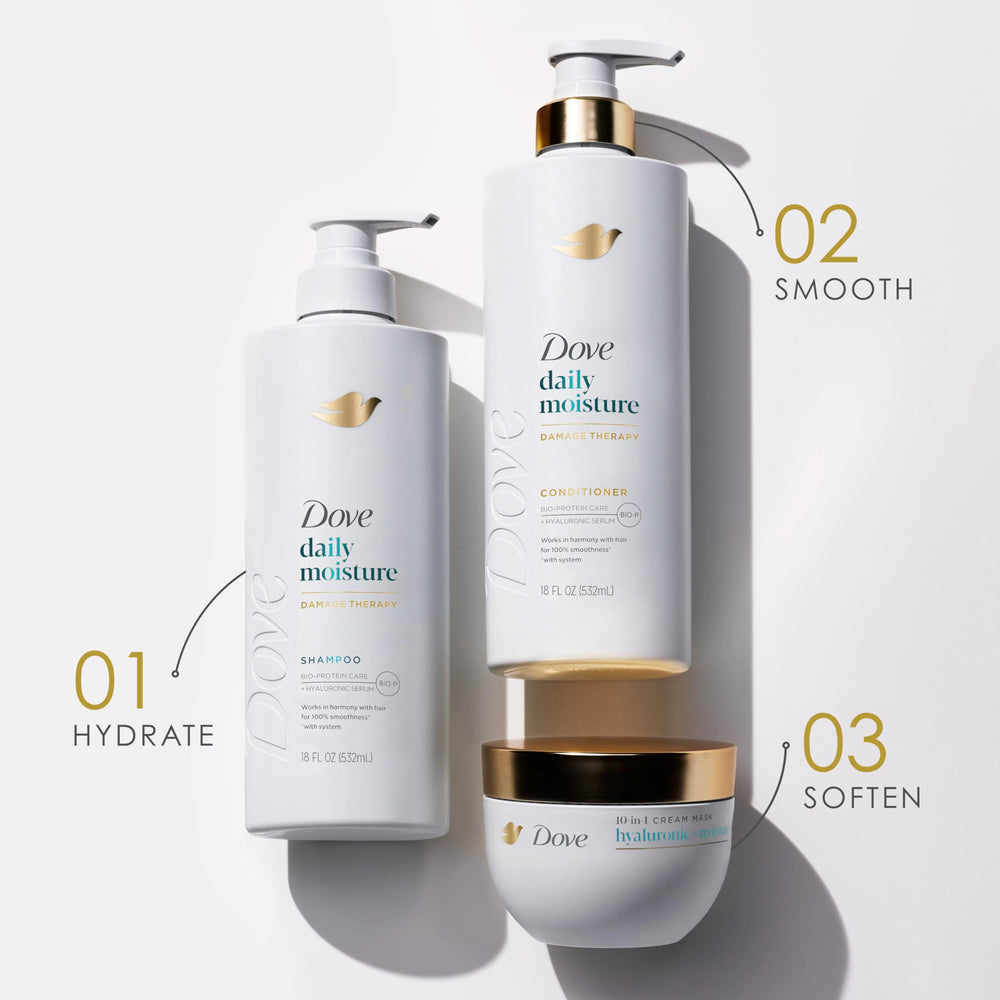 Dove daily moisture shampoo bottle sits on vanity