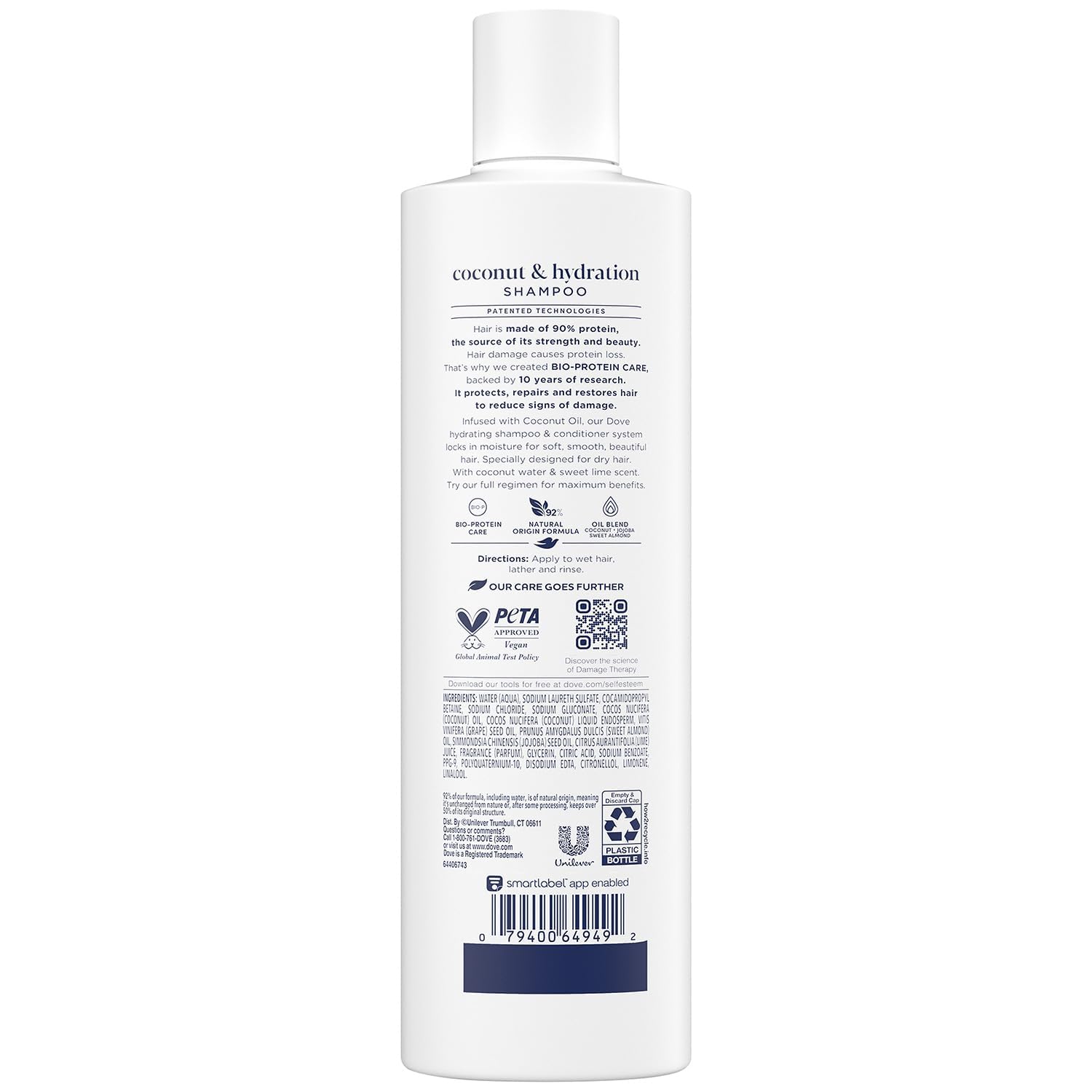 Dove Damage Therapy Shampoo bottle label shows Bio-Protein Care benefits.