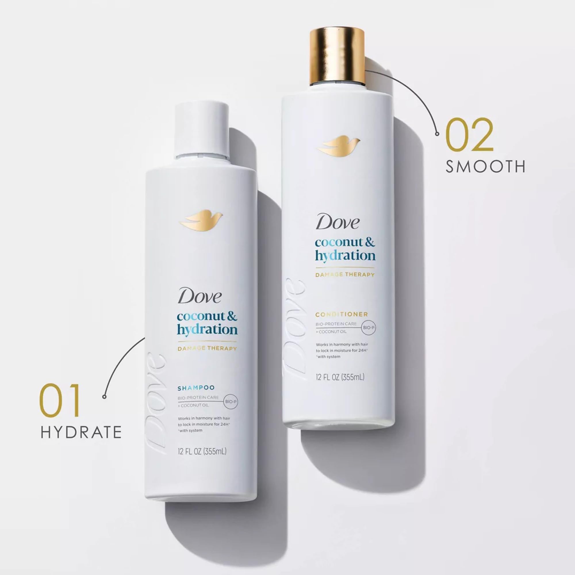 Dove Damage Therapy Shampoo closeup bottle shows rich lather-ready formula.