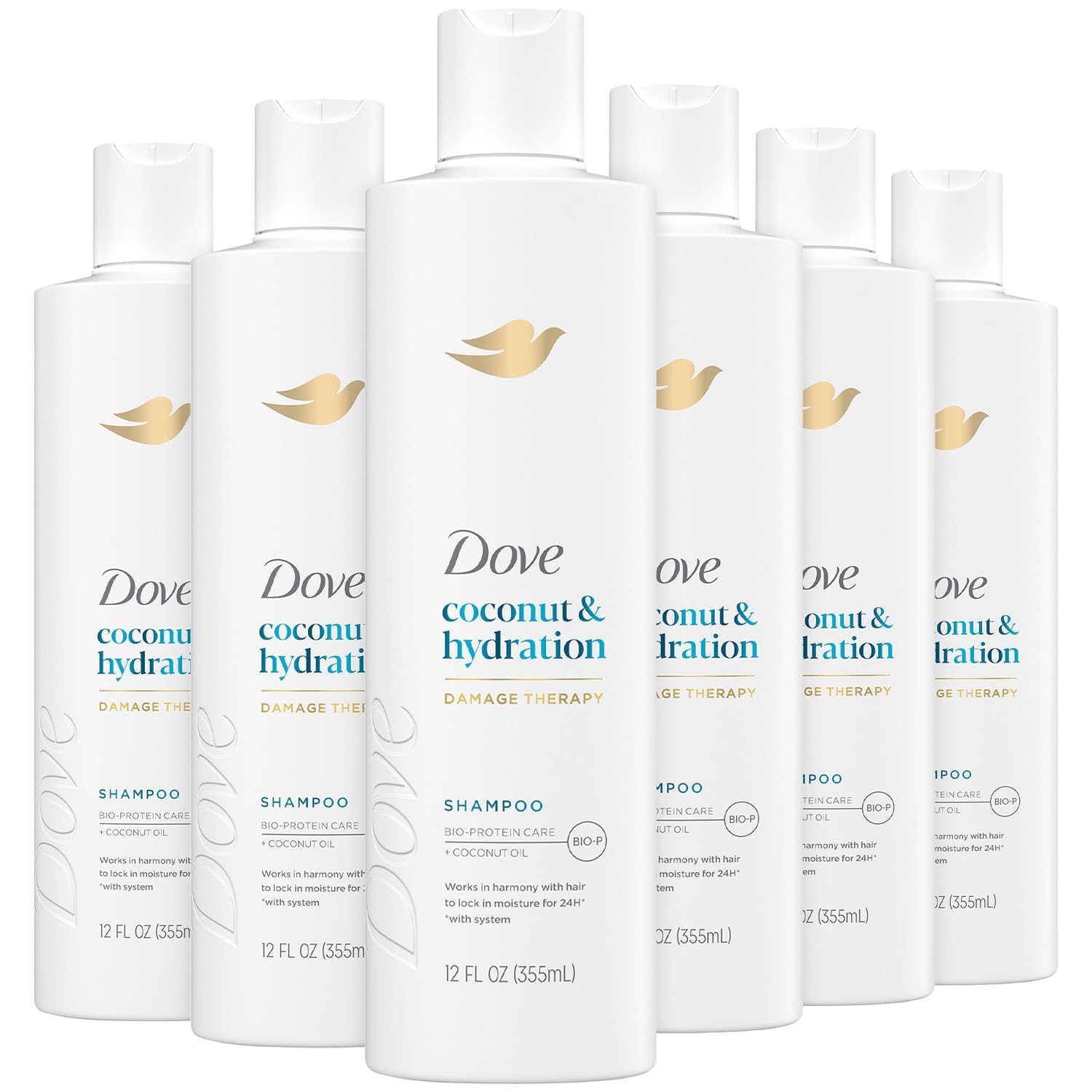 Dove Damage Therapy Shampoo bottle emphasizing coconut hydration for daily care.