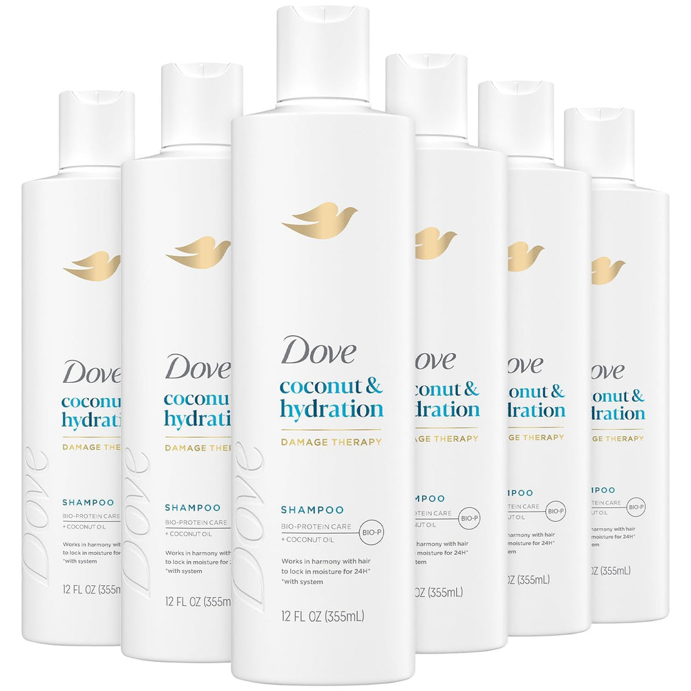 Dove Damage Therapy Shampoo bottle emphasizing coconut hydration for daily care.
