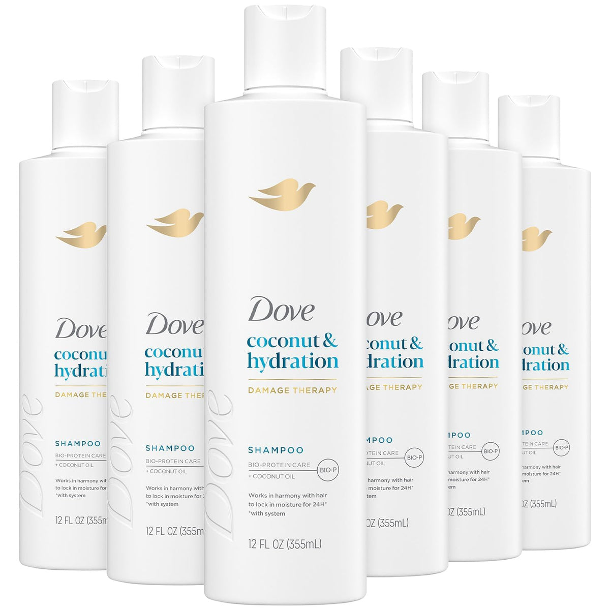 Dove Damage Therapy Shampoo bottle emphasizing coconut hydration for daily care.