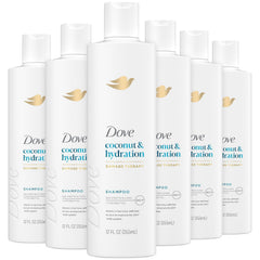 Dove Damage Therapy Shampoo bottle emphasizing coconut hydration for daily care.