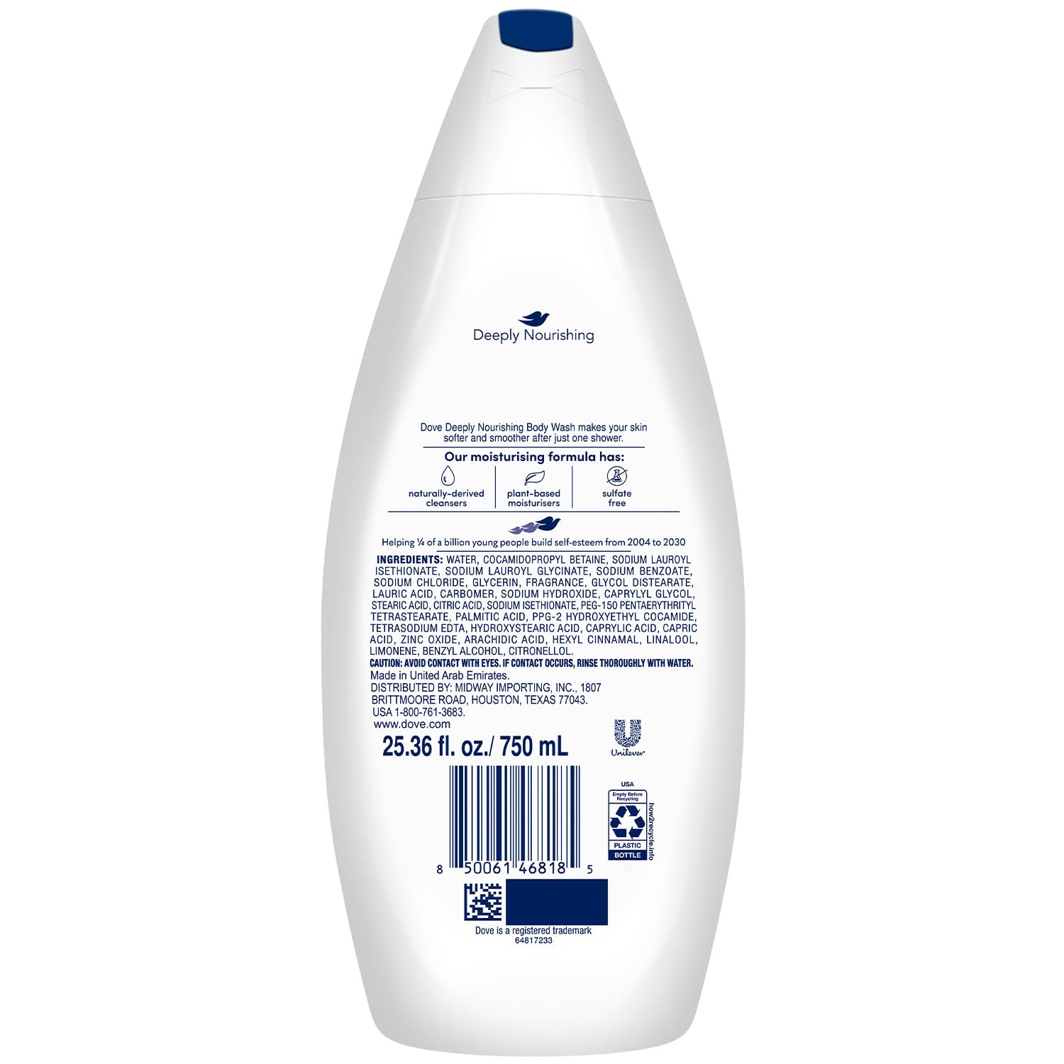 Dove Deep Moisture bottle closeup displaying rich lather for soft skin.