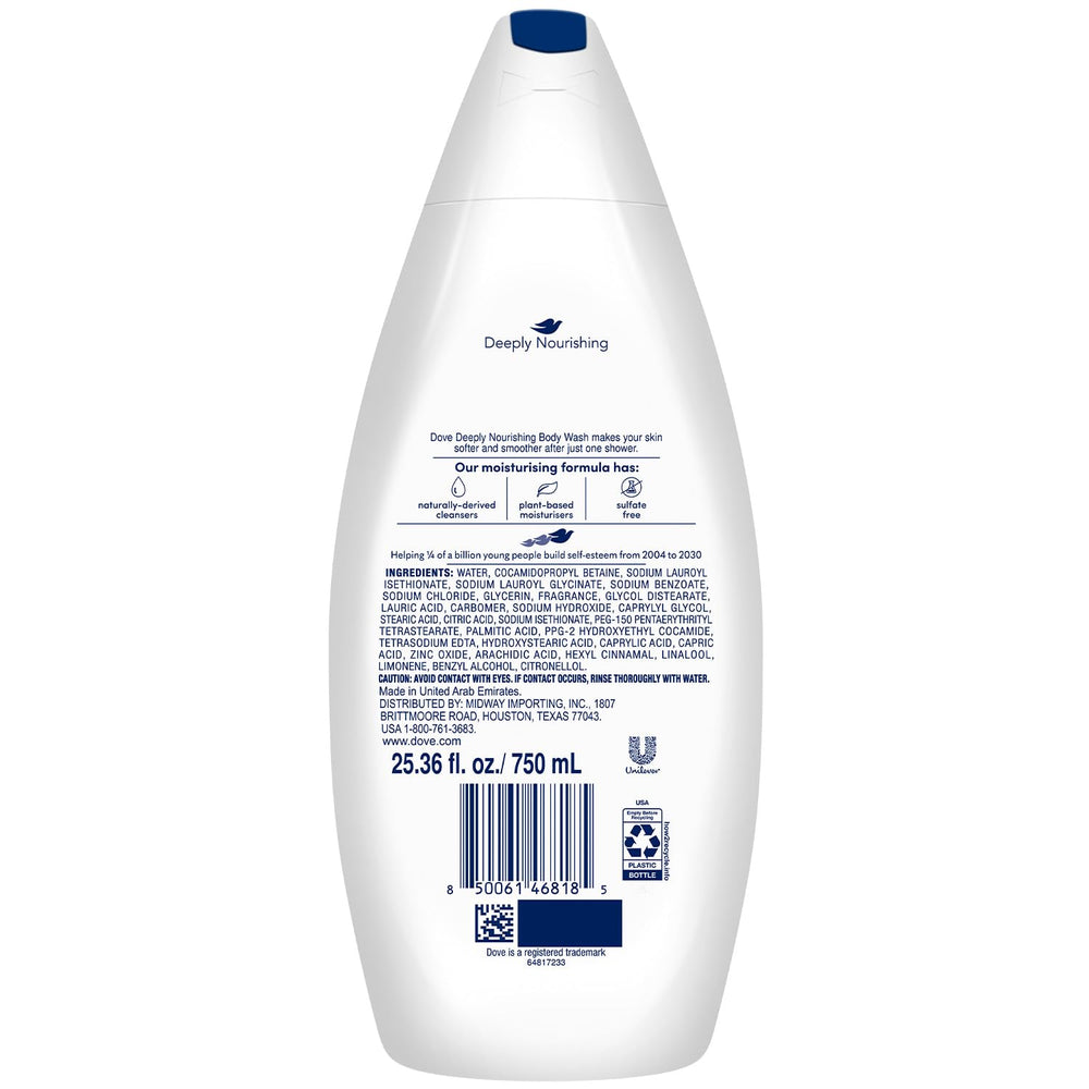 Dove Deep Moisture bottle closeup displaying rich lather for soft skin.