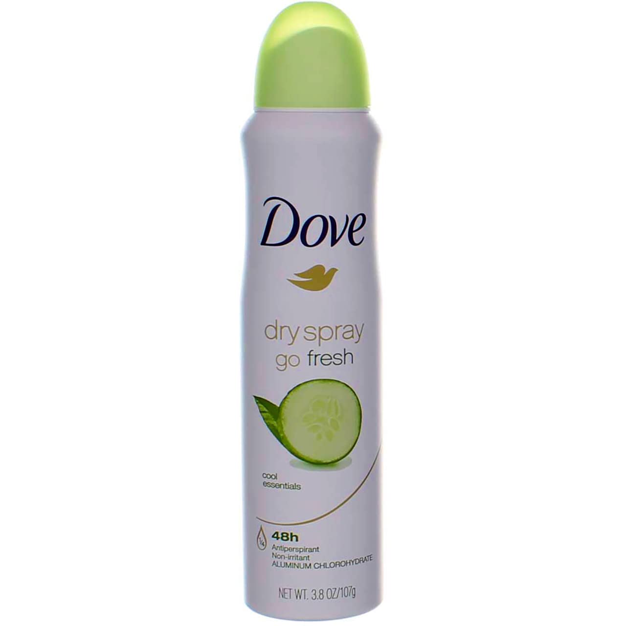 Dove Dry Spray Cool Essentials bottle back shows 48-hour protection claim.