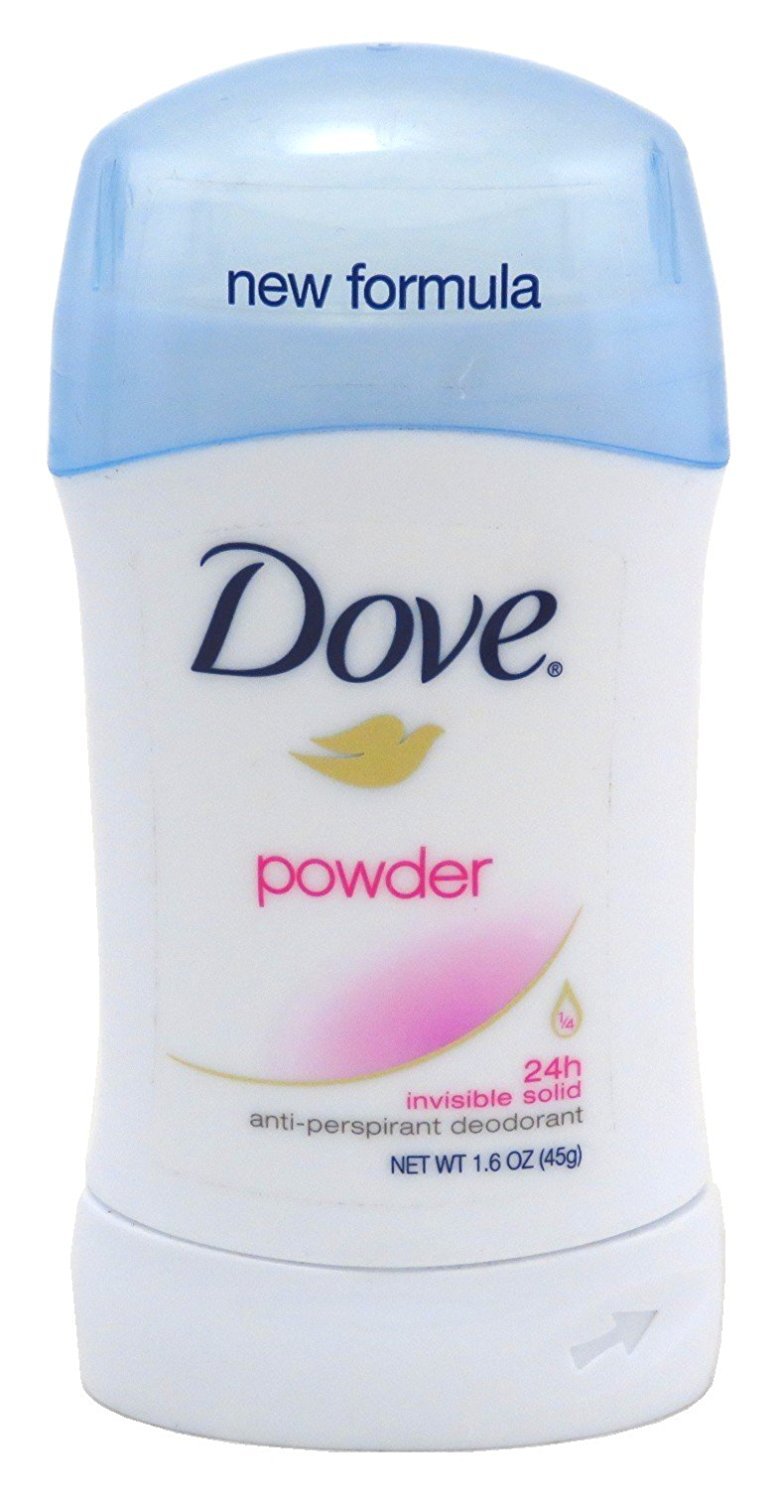 Dove invisible solid powder deodorant, front view, delivers long-lasting protection and a dry feel.