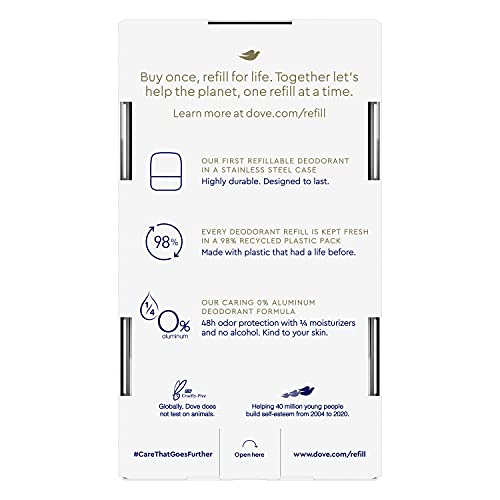 Dove deodorant refill packaging emphasizes recycled plastic for eco-friendly refills