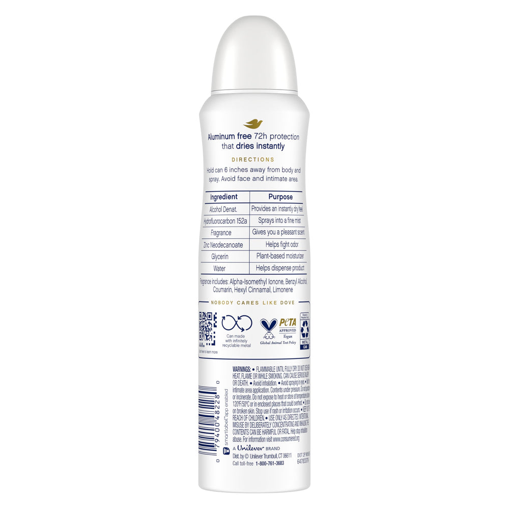 Dove deodorant spray being applied underarm for quick protection