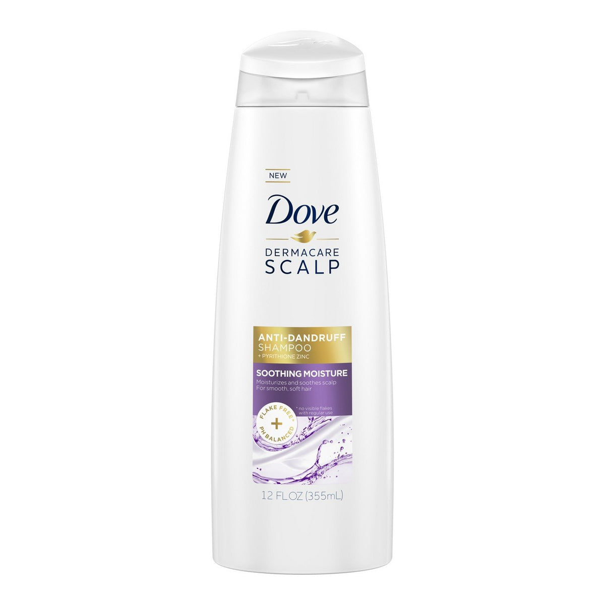 Dove Derma Soothing Moisture Shampoo bottle for gentle cleansing of dandruff-prone, dry hair.