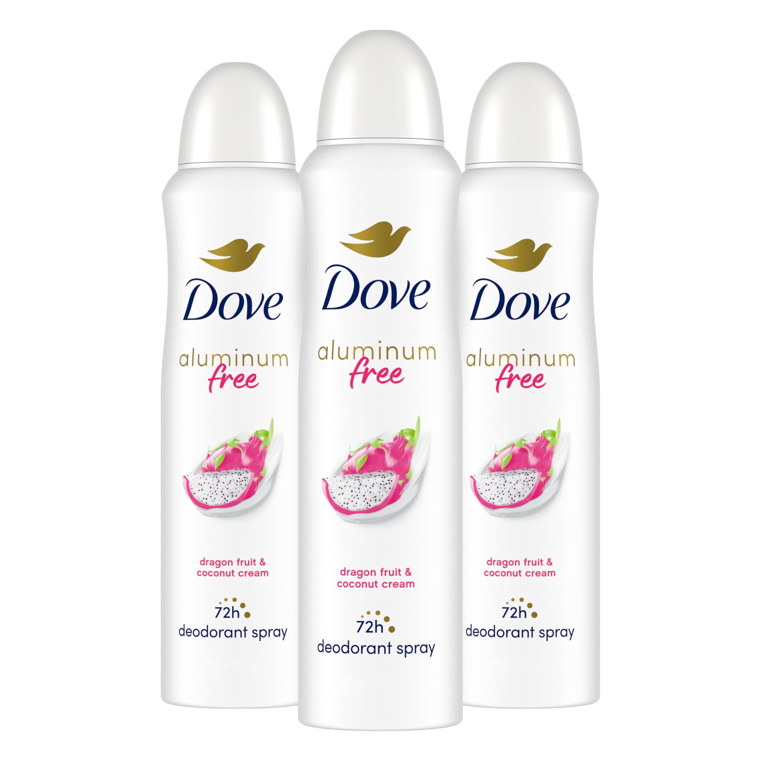 Dove dragon fruit coconut cream deodorant spray 3-pack for long-lasting freshness.
