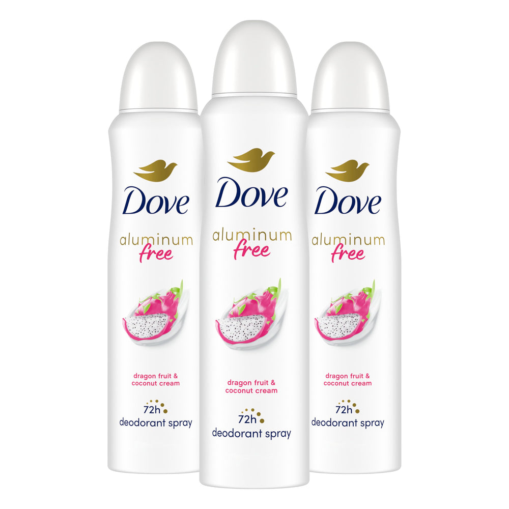 Dove dragon fruit coconut cream deodorant spray 3-pack for long-lasting freshness.