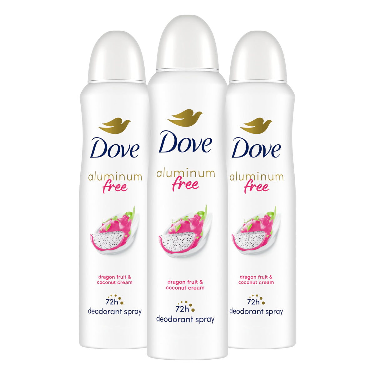 Dove dragon fruit coconut cream deodorant spray 3-pack for long-lasting freshness.