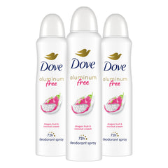 Dove dragon fruit coconut cream deodorant spray 3-pack for long-lasting freshness.