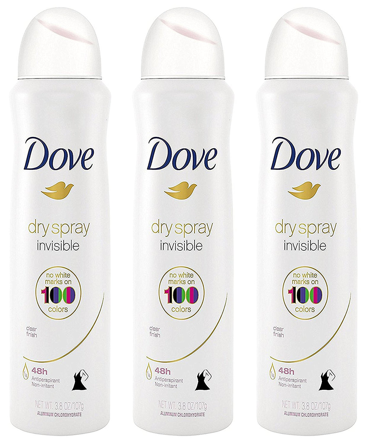 Dove Dry Spray Invisible finish with no white marks on skin.