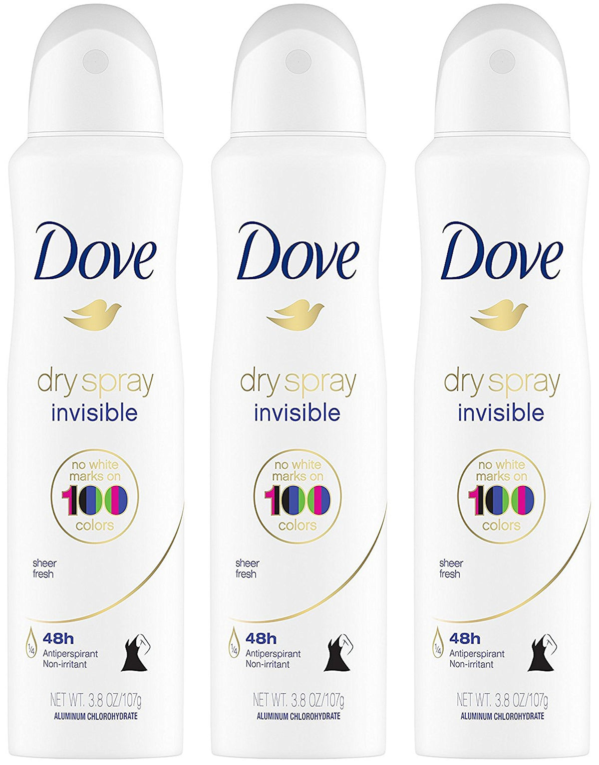 Dove Dry Spray Invisible pack of 3 cans for on-the-go freshness.