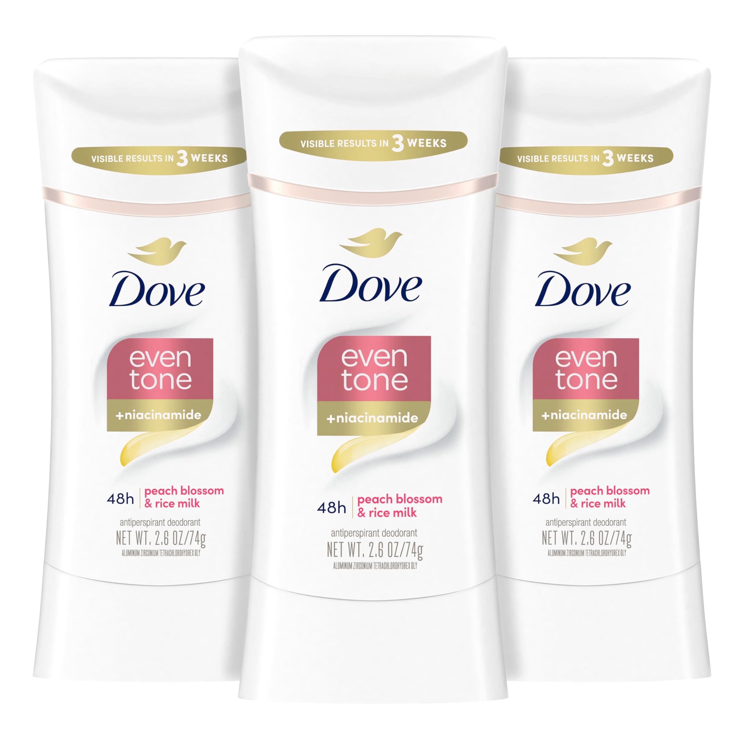 Dove Even Tone Peach Blossom Rice Milk stick with smooth glide for all-day protection.