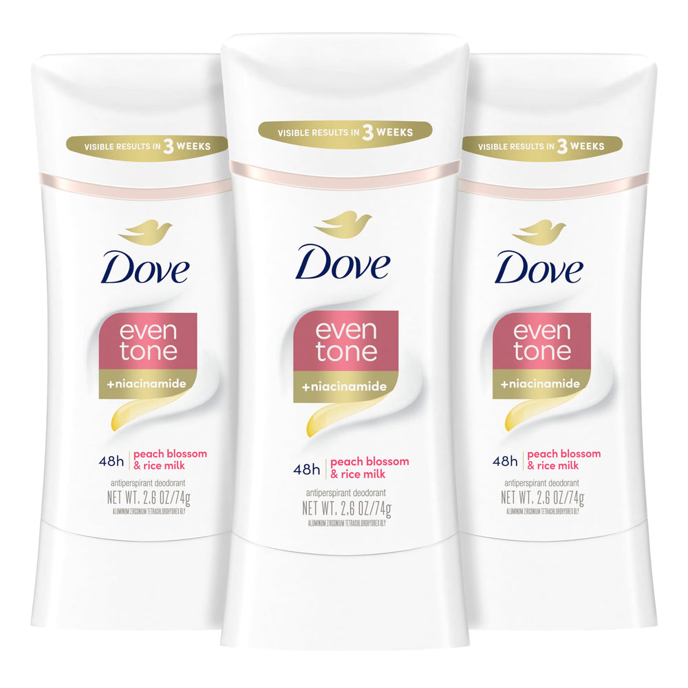Dove Even Tone Peach Blossom Rice Milk stick with smooth glide for all-day protection.