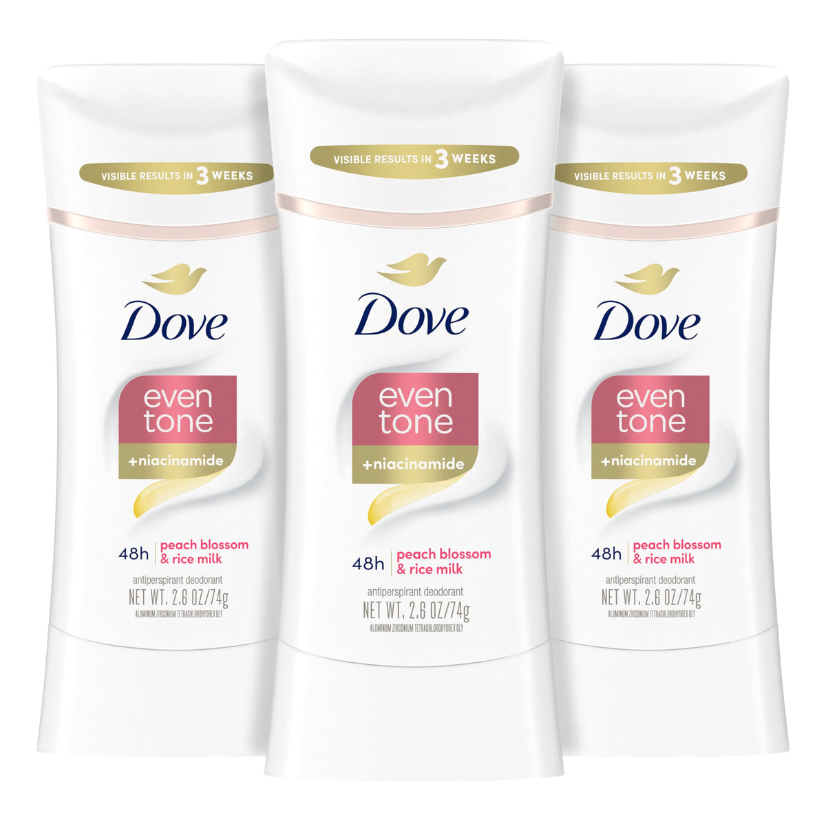 Dove Even Tone Peach Blossom Rice Milk stick with smooth glide for all-day protection.