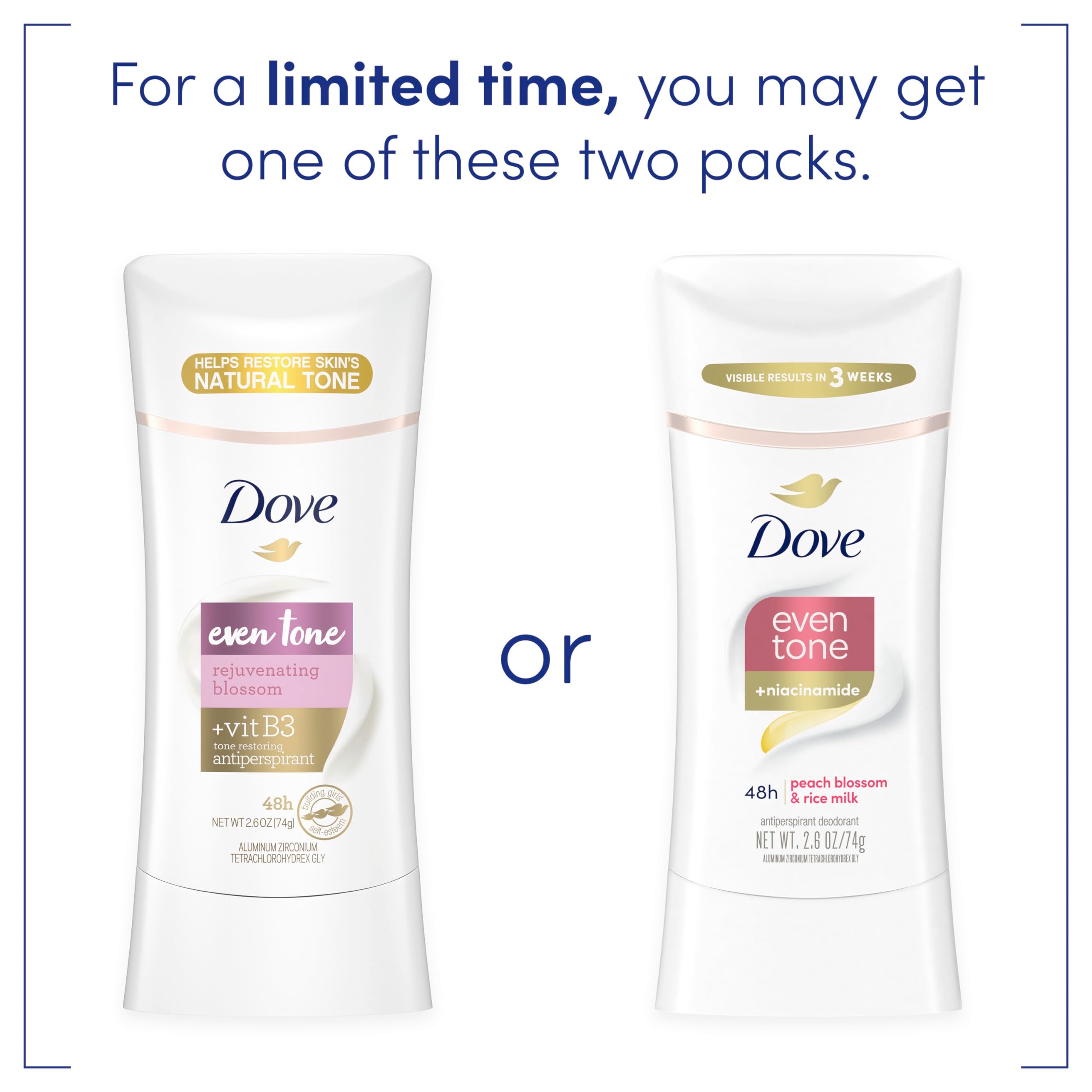 Dove Even Tone underarm care visual hints at tone-friendly formula.
