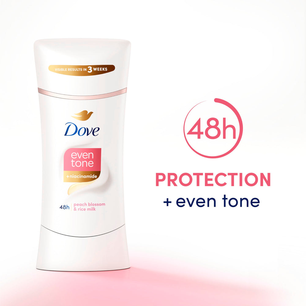 Dove Even Tone stick shown delivering up to 48-hour odor protection.