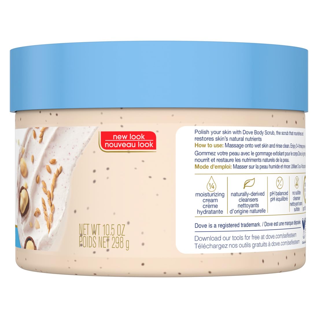Dove Exfoliating Body Polish jar open shows indulgent care for gentle exfoliation.