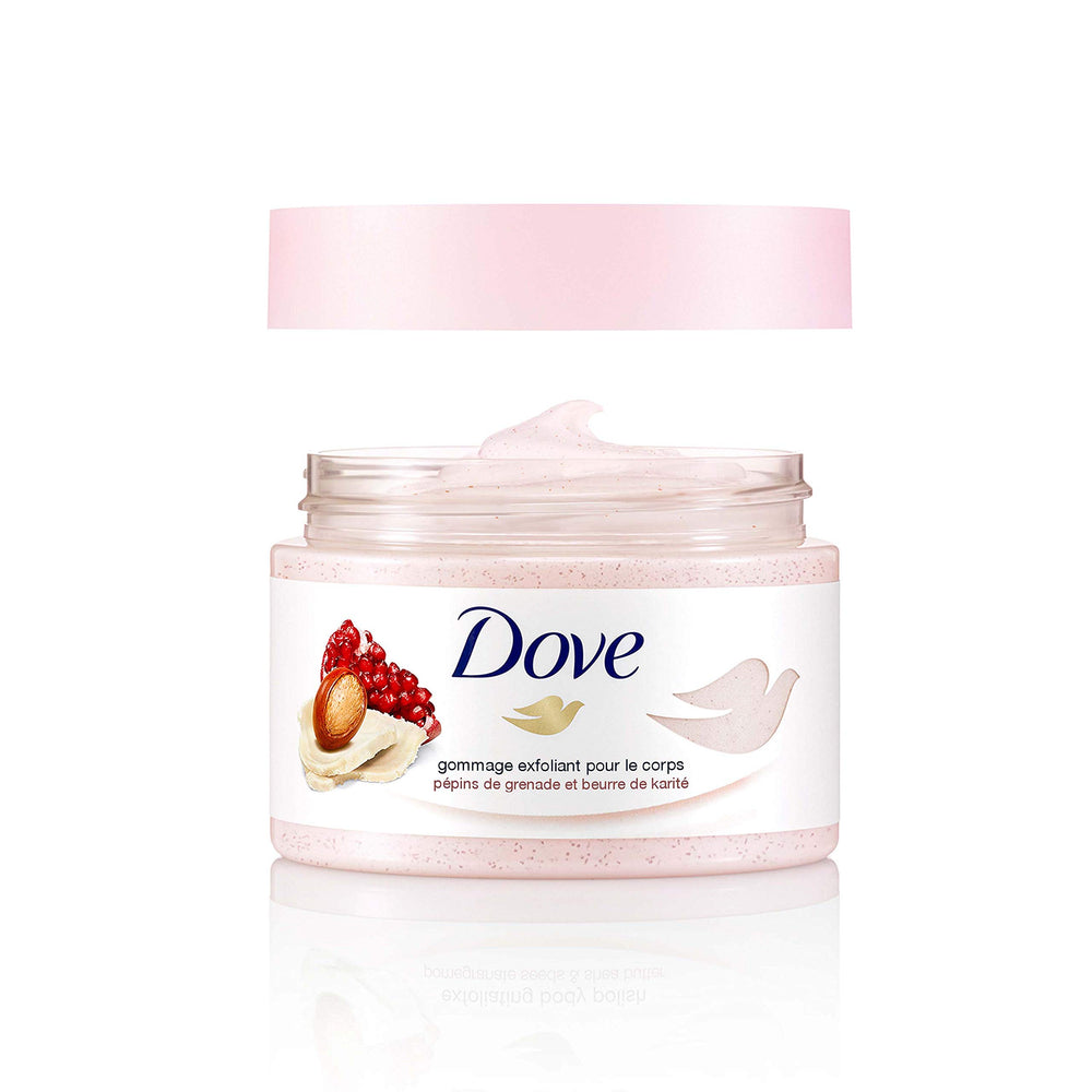 Dove Exfoliating Polish nourishes skin with ¼ moisturizing cream hint.