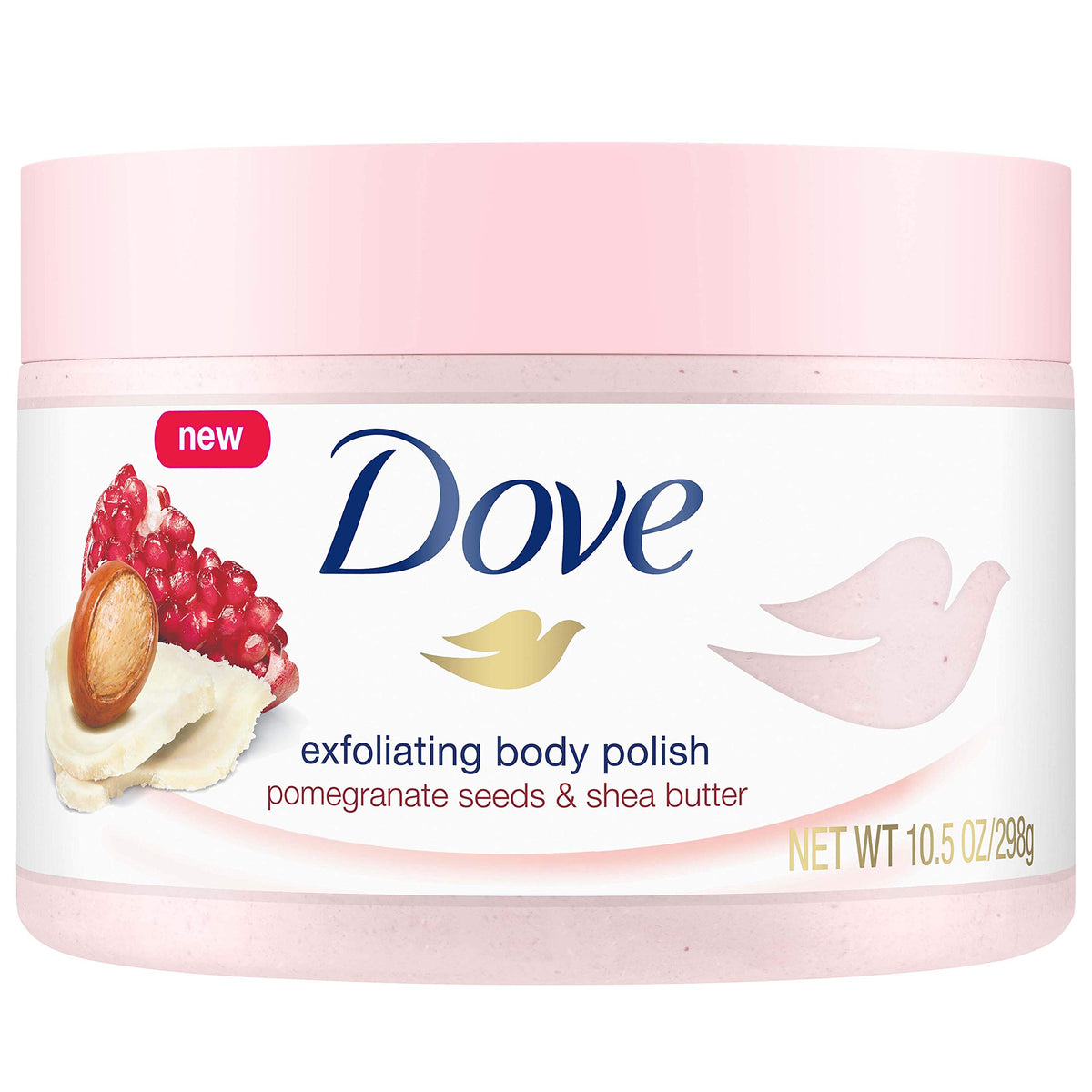 Dove Exfoliating Body Polish jar showcases creamy texture and nourishing pomegranate scent.