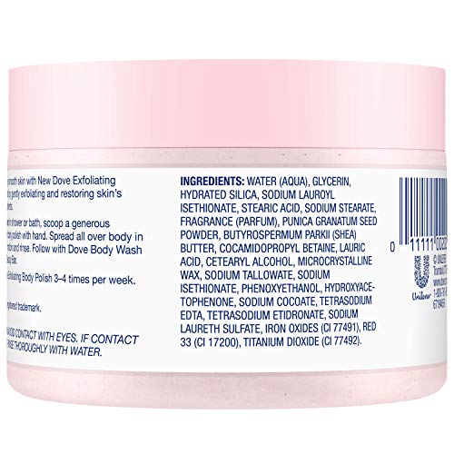 Dove Exfoliating Body Polish texture close-up highlights smooth, even application.