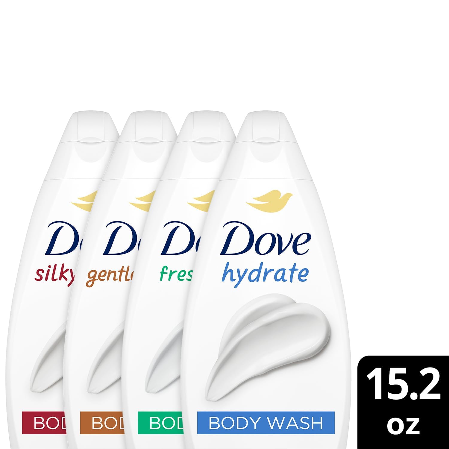 Dove Fresh Care bottle pour offers a refreshing shower experience.