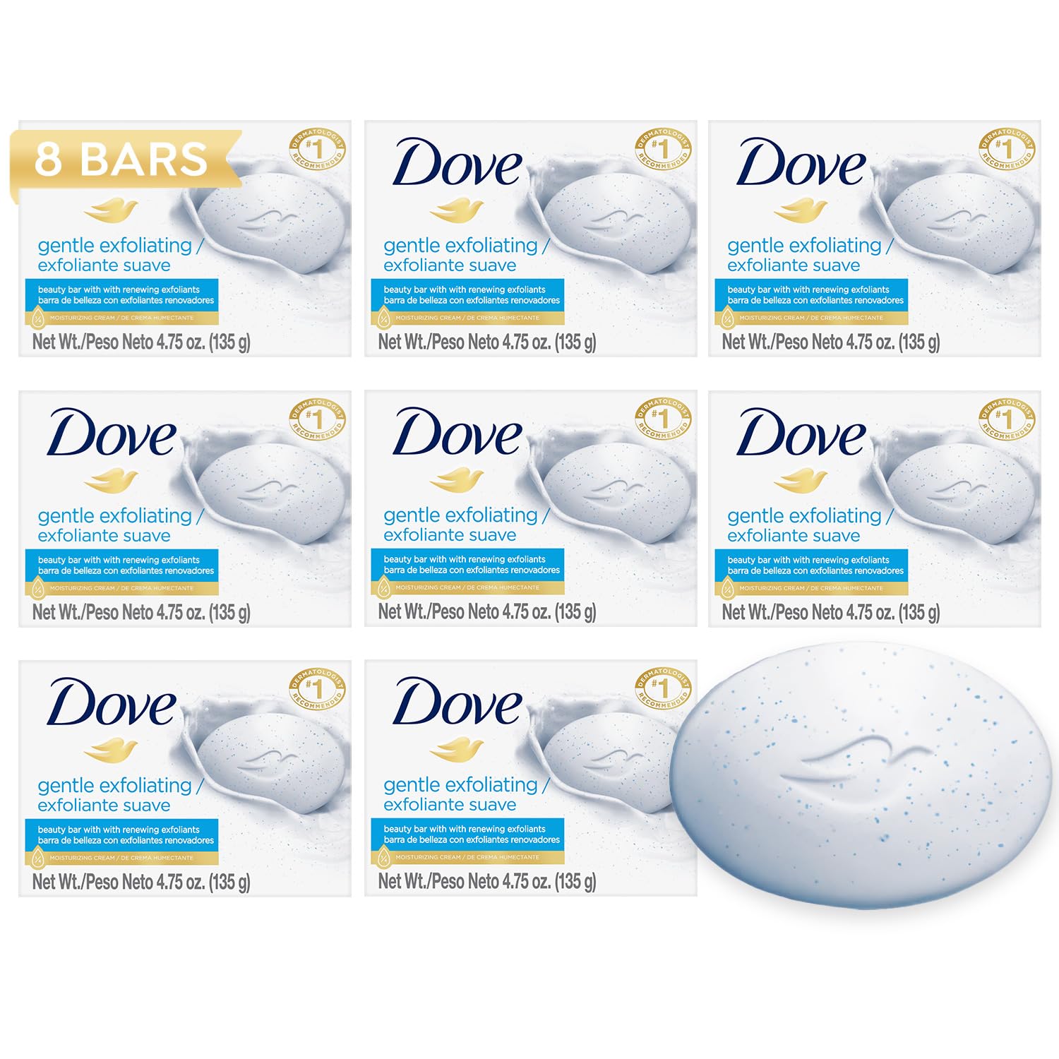 Dove Gentle Exfoliating Beauty Bar front view showing the bar's shape and packaging benefits.