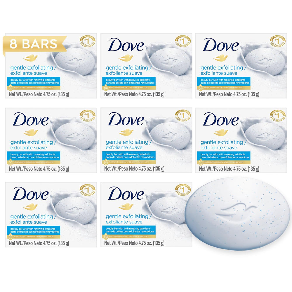 Dove Gentle Exfoliating Beauty Bar front view showing the bar's shape and packaging benefits.
