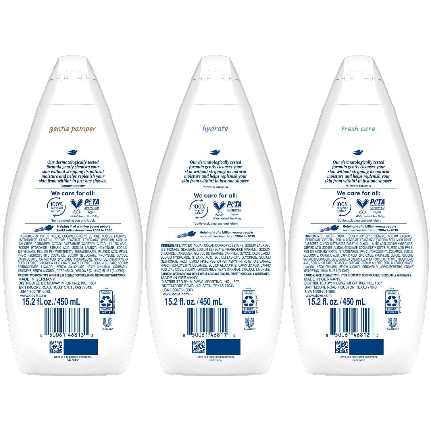 Dove Gentle Pamper bottle front; mild cleansing for sensitive skin.