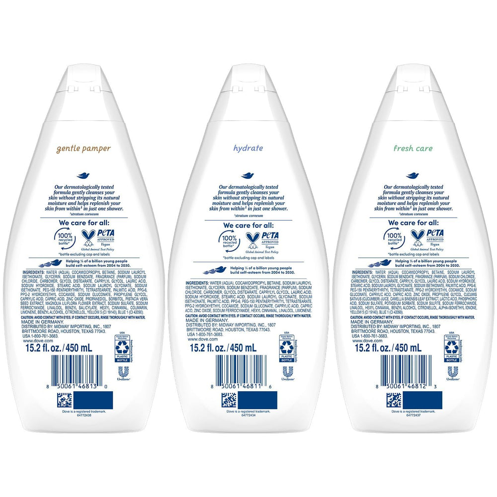 Dove Gentle Pamper bottle front; mild cleansing for sensitive skin.