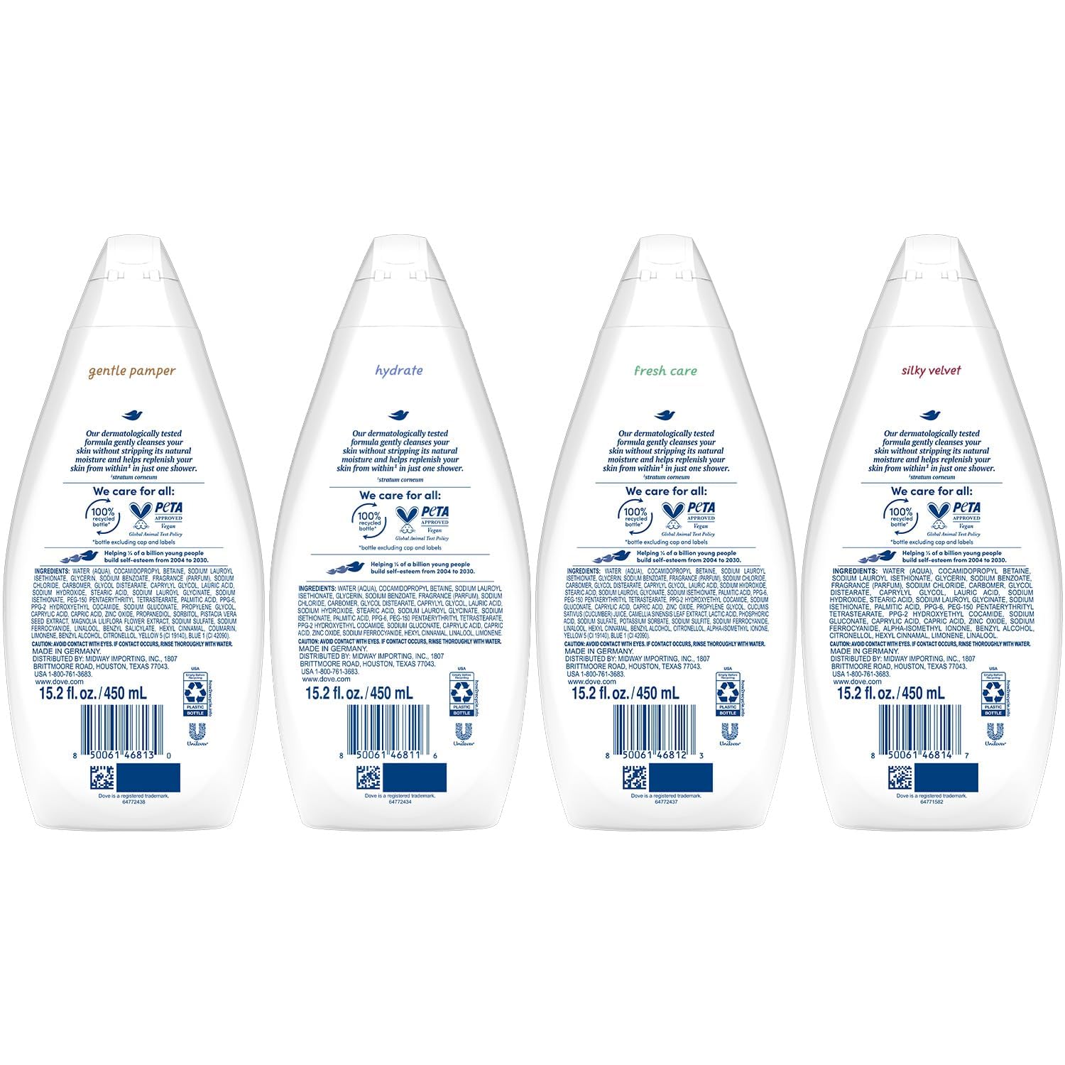 Dove Gentle Pamper bottle pour provides mild cleansing for sensitive skin.