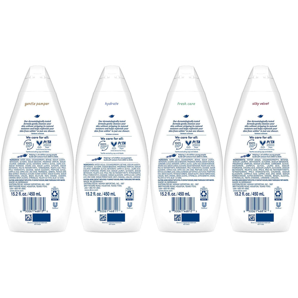 Dove Gentle Pamper bottle pour provides mild cleansing for sensitive skin.
