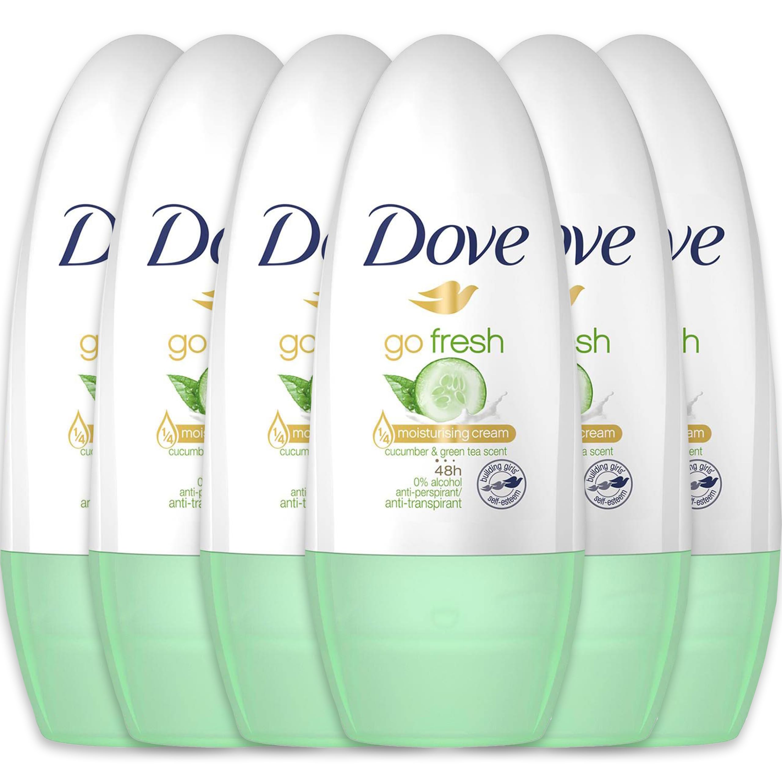 Dove Go Fresh Cucumber & Green Tea roll-on bottle for all-day odor and sweat protection.