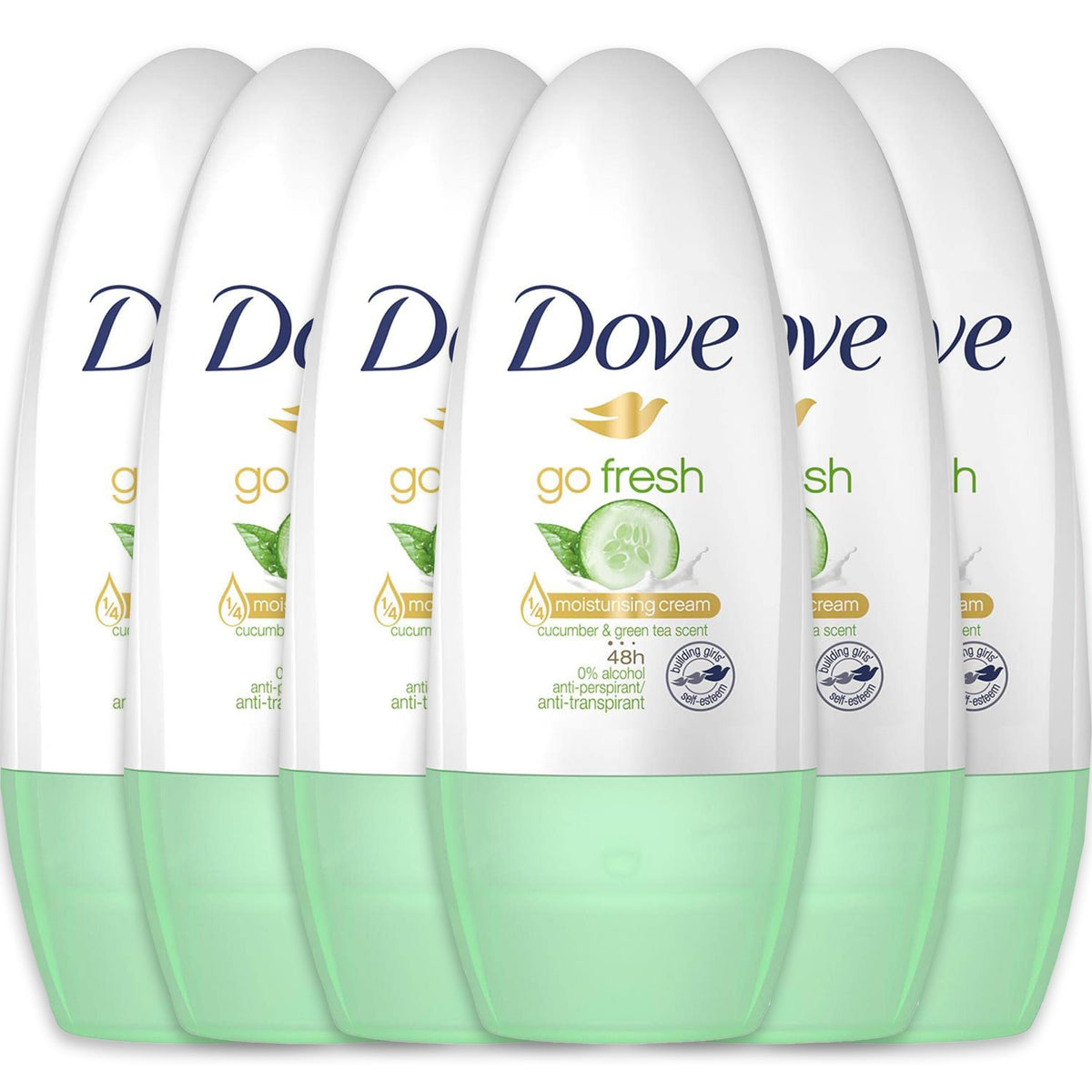 Dove Go Fresh Cucumber & Green Tea roll-on bottle for all-day odor and sweat protection.