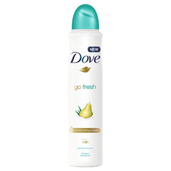 Dove Go Fresh pear and aloe vera deodorant spray bottle front view for daily freshness.
