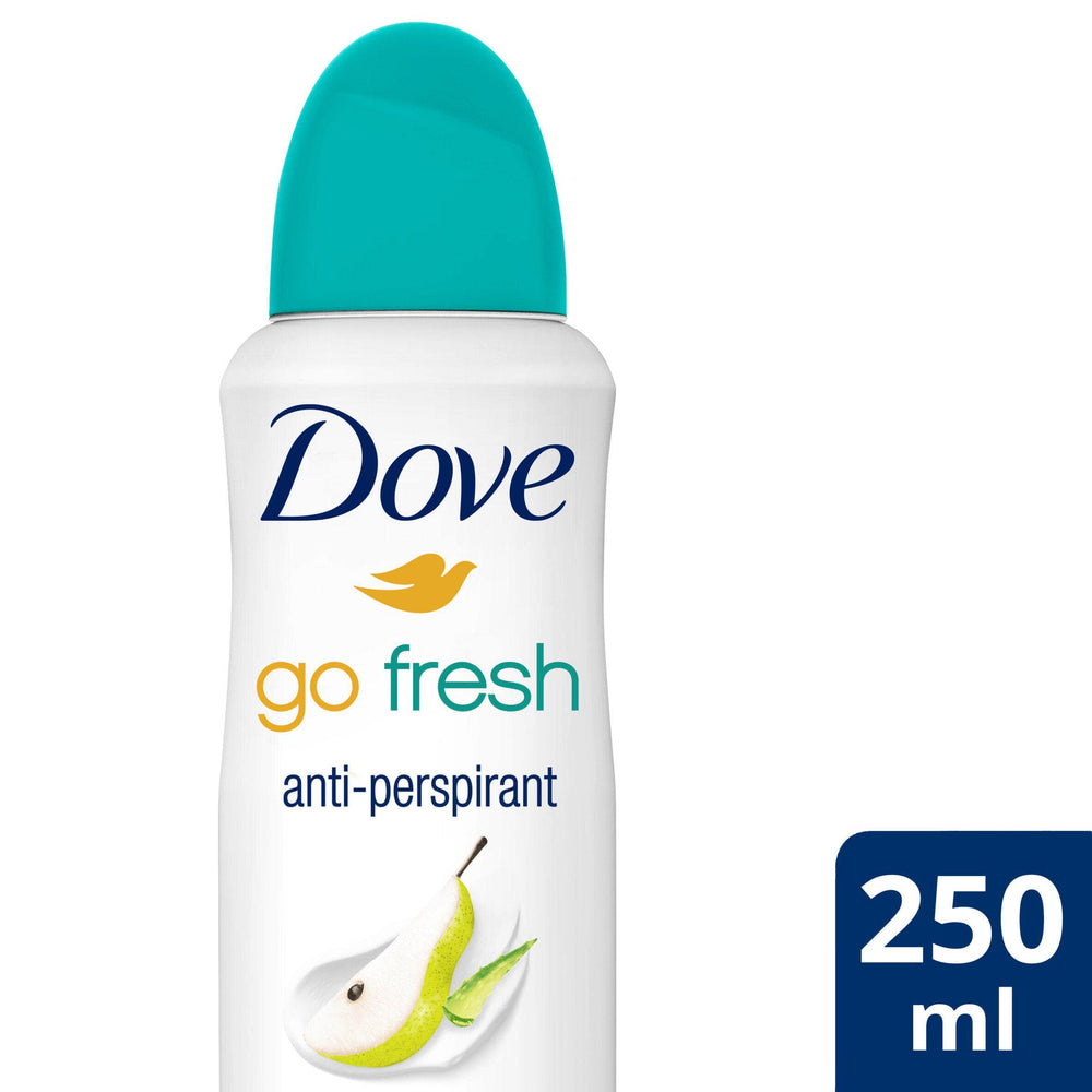 Dove Go Fresh pear and aloe vera scent packaging showcases refreshing skin-friendly formula.