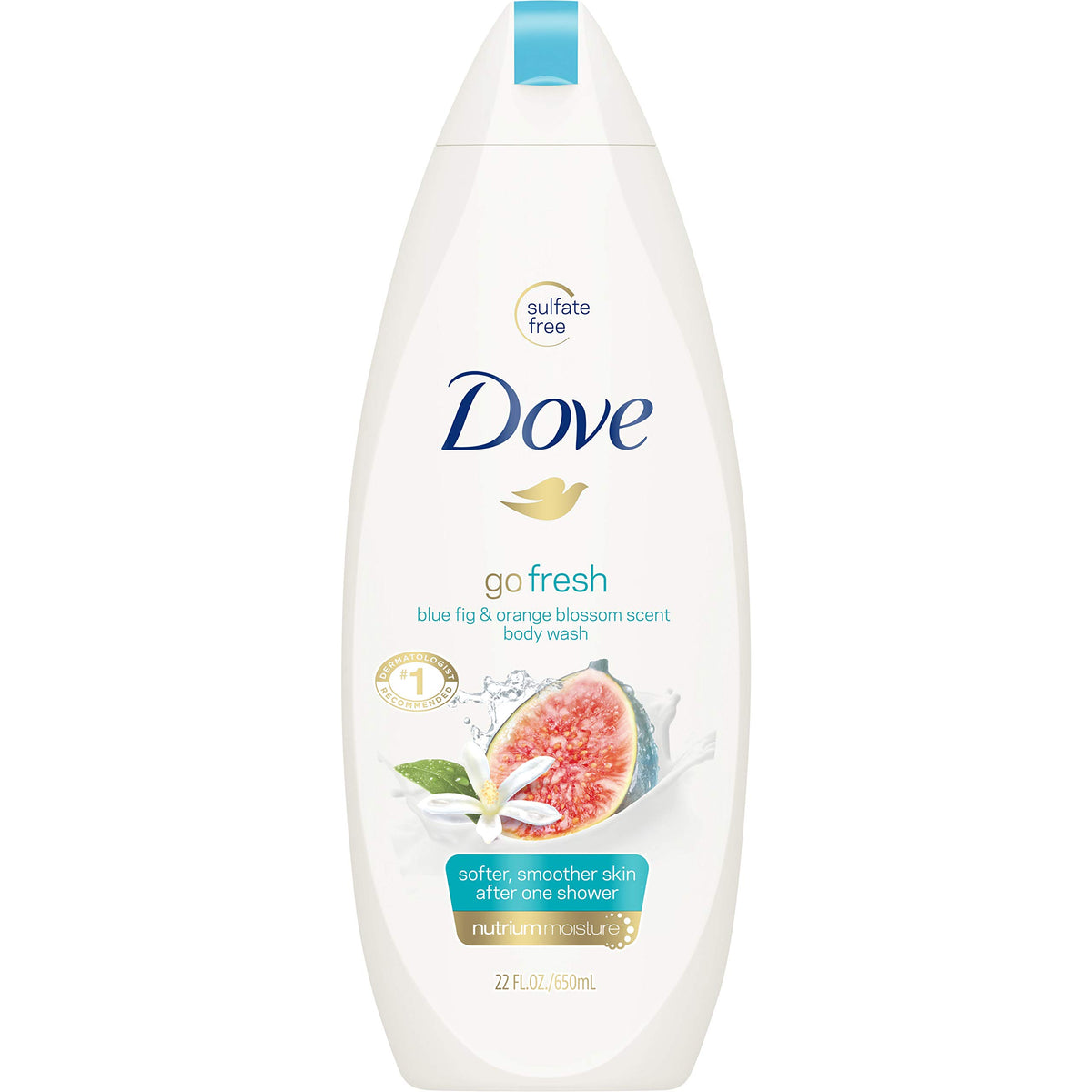 Dove Go Fresh Restore bottle with blue fig and orange blossom for a refreshing shower