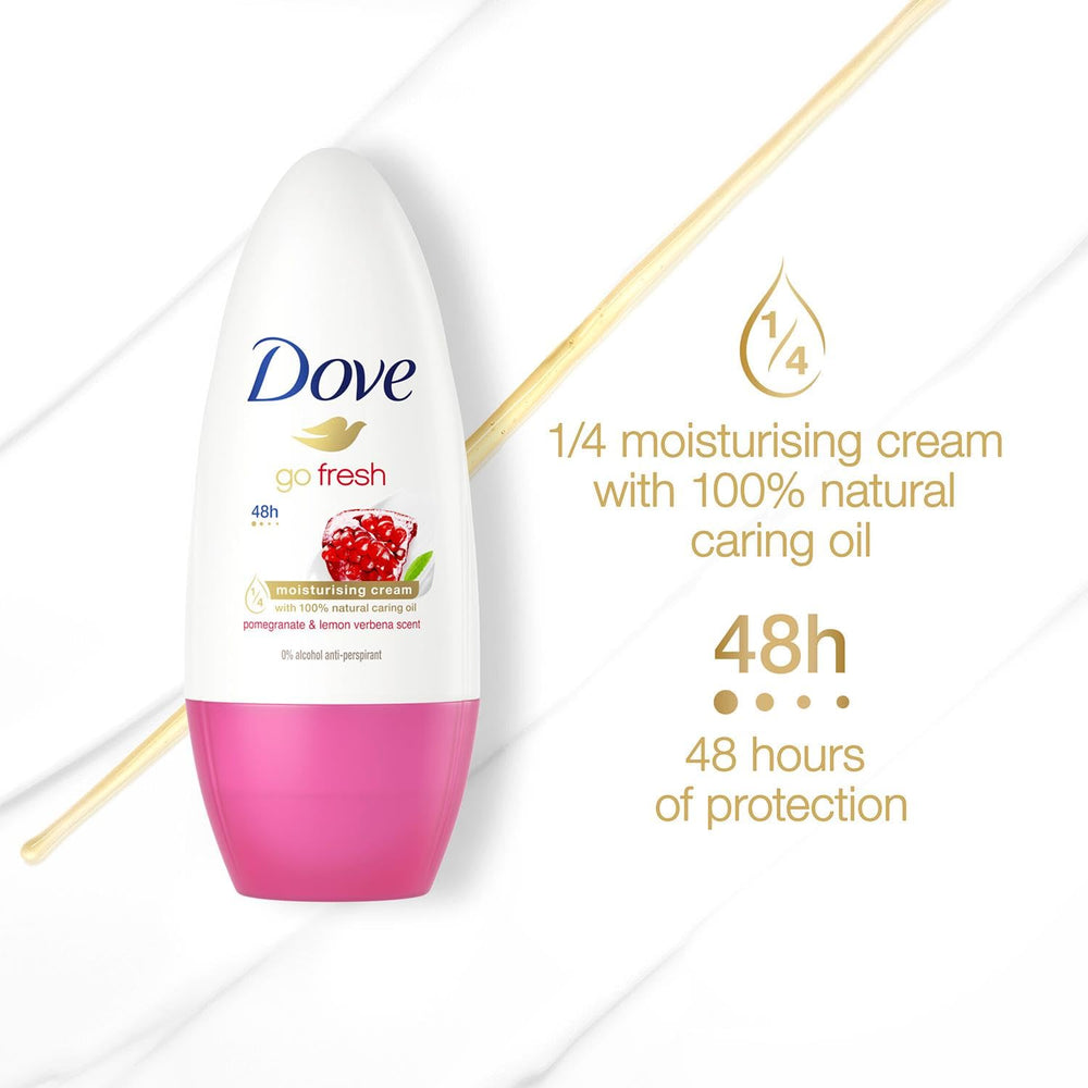 Dove Go Fresh roll-on packaging detail in focus for easy recognition.