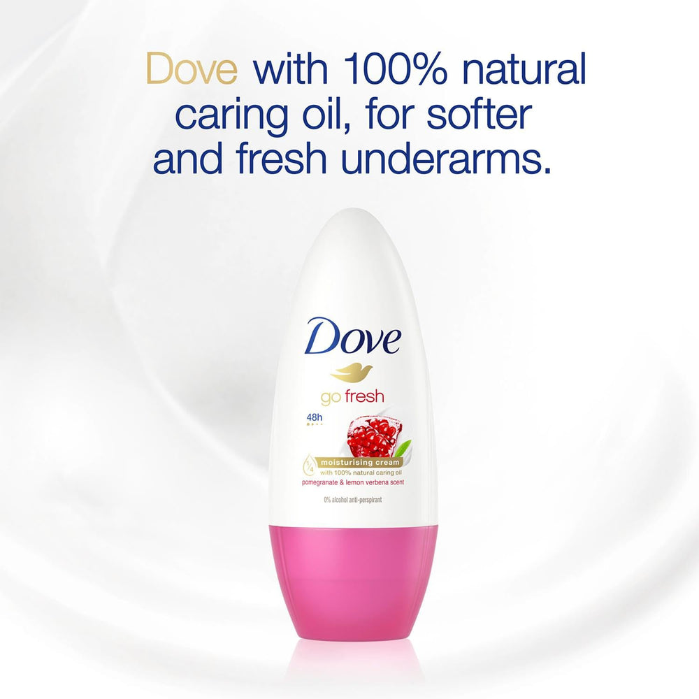 Packaging label highlights the pomegranate-lemon-verbena fragrance of Dove Go Fresh roll-on.
